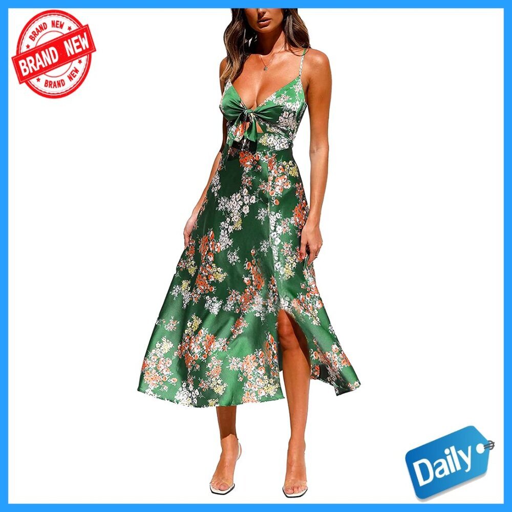 Satin Midi Dress Elegant Boho Flowy Backless Slit Tie Front Adjustable Straps